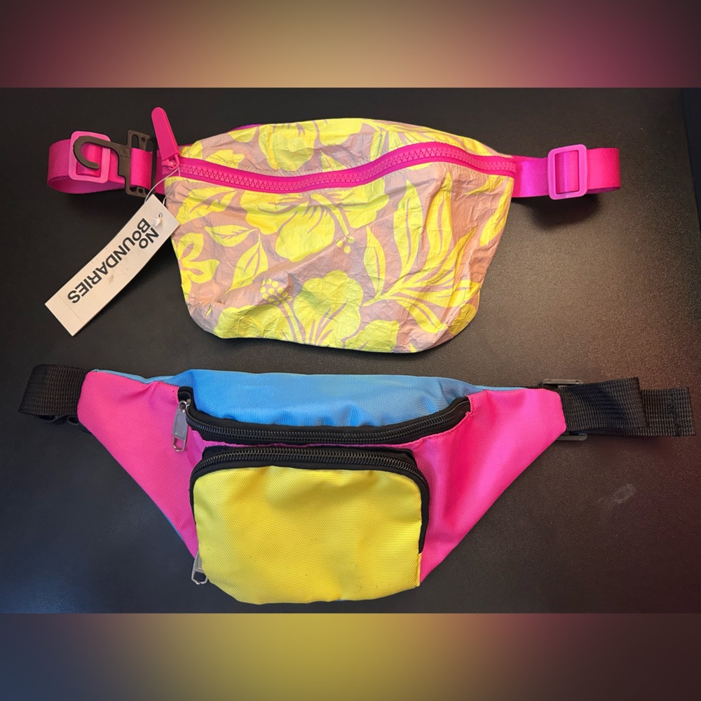 Neon Color Block + Tropical Floral Waist Pack Fanny Bag Belt Pouch Crossbody Set